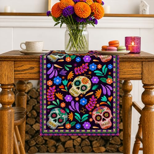 Dia De Los Muertos Table Runner 13x72 Inch Rustic Linen Mexican Sugar Skull Day of The Dead Decor