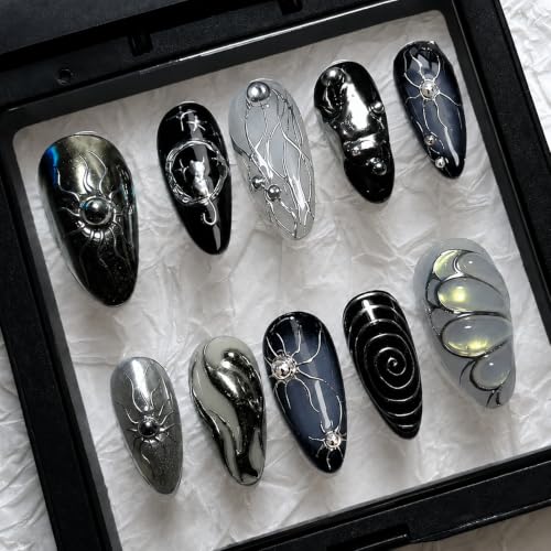 Black Medium Almond Press on Nails S Style35 Goth Handmade Reusable Fake Nails