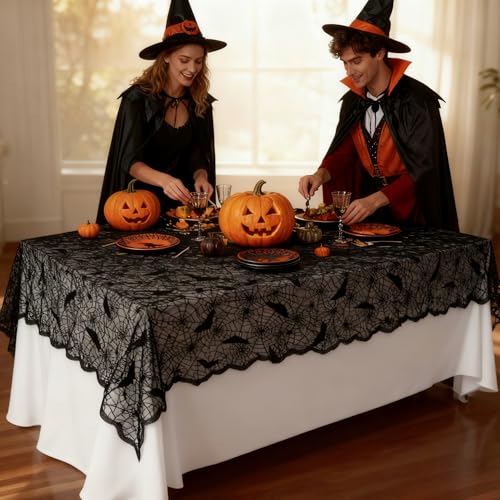Halloween Lace Tablecloth 70x52 Inch Black Bat Spider Web Gothic Decor for Fall Parties