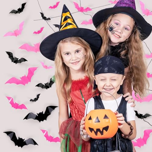 Halloween 3D Bat Wall Decal - Removable Sticker Set with Pink & Black Variations