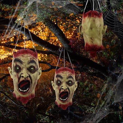Halloween Zombie Head Hanging Decoration with Glowing Eyes, Spooky Horror Prop - Set of 3