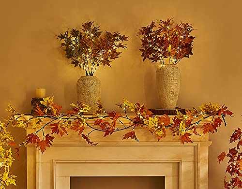 Lighted Maple Leaf Garland with Timer - 6FT Fall Indoor Outdoor Decor - Orange