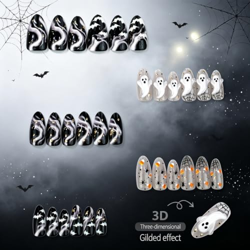 Halloween Press On Nails Medium Almond Spider Web Ghost Set - Multicolor 46