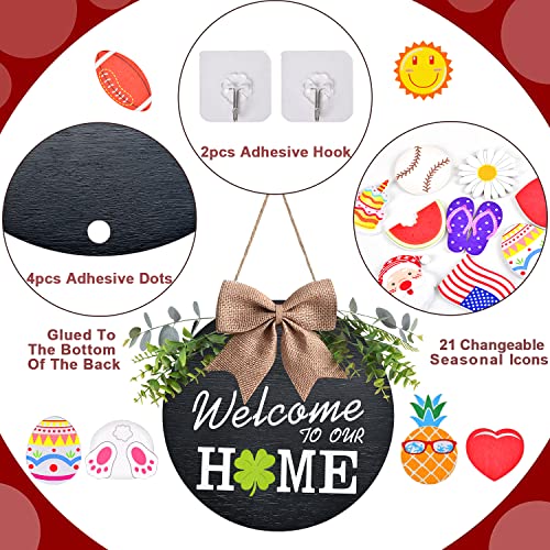 Interchangeable Welcome Home Sign with 21 Seasonal Icons - Rustic Wood Porch Decor (Black, 12")