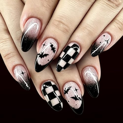 Halloween Fake Nails Black French Tip Almond Medium Press-On Nails - Design G9