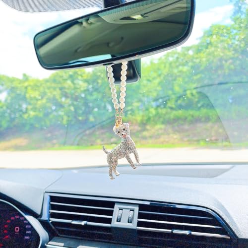 White Sparkling Dog Car Mirror Hanging Ornament with Pearl Chain - Bling Rearview Mirror Accessory