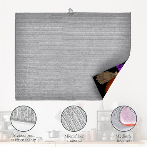 Halloween Pumpkin Dish Drying Mat for Kitchen Counter Decor - Ghost Bats Night Variation - Absorbent Microfiber, Reversible 18x24 Inch