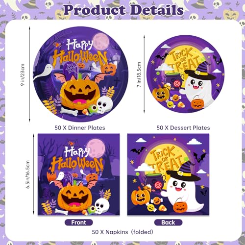 Halloween Party Plates and Napkins Set - Orange05, 150 Pcs Halloween Dinnerware for Up to 50 Guests