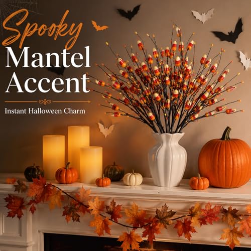 Halloween Candy Corn Artificial Stems - 8 Count, 20 Inch Fall Decor with Fake Candies - Spooky Autumn Vases Arrangement