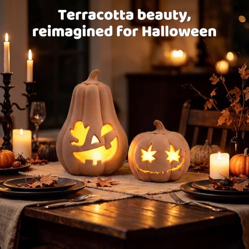 Set of 2 Terracotta Halloween Pumpkins with LED Lights - Indoor & Outdoor Decor