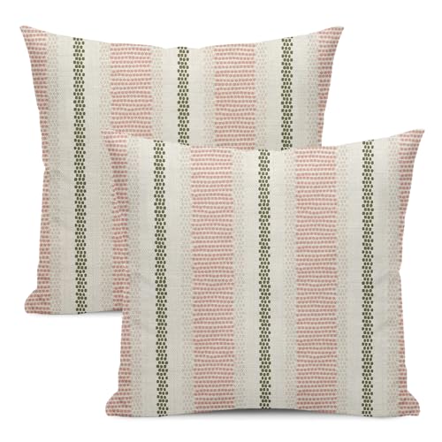 22x22 Inch Boho Pillow Covers Set of 2 - Pink Sage Green Linen Throw Pillows
