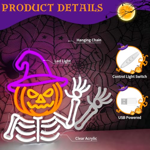 Waving Pumpkin Skeleton Neon Sign for Halloween Wall Decor USB Dimmable LED Light