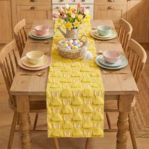Yellow Plush Faux Fur Easter Table Runner 13x72 Inch for Spring Home Decor
