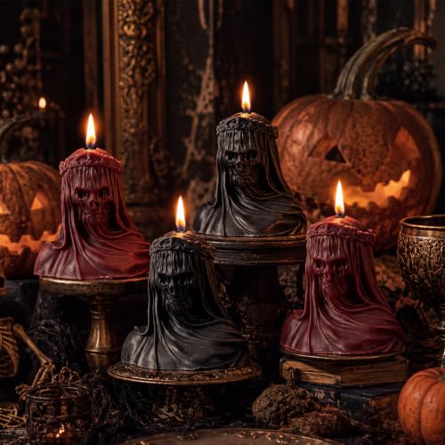 Halloween Skull Candles - Gothic Veiled Skeleton Decor, Red & Black Set