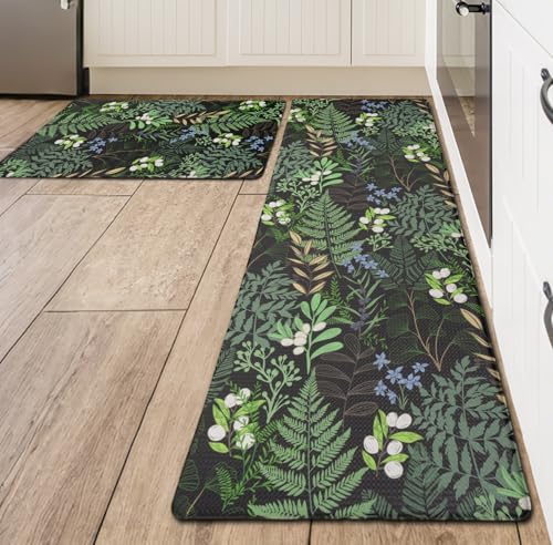 Petmolico 2Pcs Anti-Fatigue Kitchen Mats - Black & Green Plant Leaf Design, Non-Slip Cushioned Support
