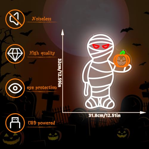 Halloween Neon Sign - Mummy and Pumpkin Wall Decor, Dimmable LED USB Light