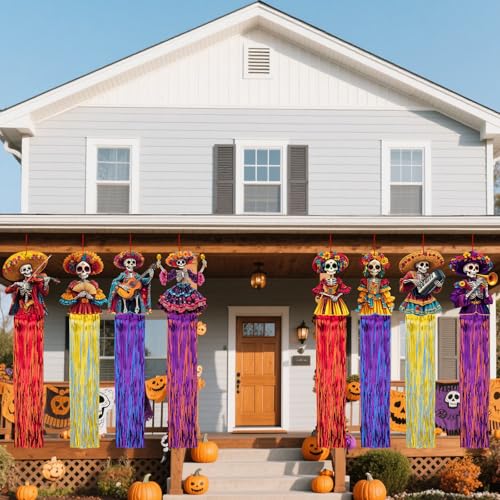 SNILOAW 8 Pcs Day of The Dead Sugar Skull Hanging Decorations - Skull a