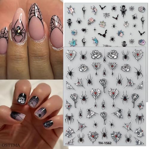 Halloween Nail Art Stickers Self-Adhesive Spider Web Bat Decals for Manicure - 6 Sheets with Horror Gothic Designs