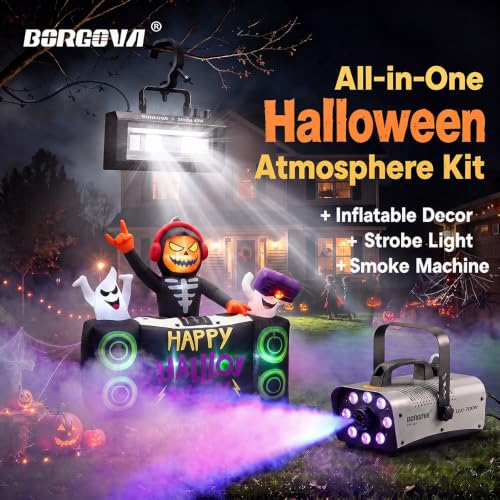 Halloween Yard Decoration Set with Inflatable Pumpkin Skeleton Fog Machine & Strobe Light
