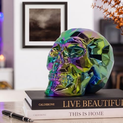 Iridescent Black Skull Decor Statue - Gothic Resin Human Head Model for Halloween & Home Decor