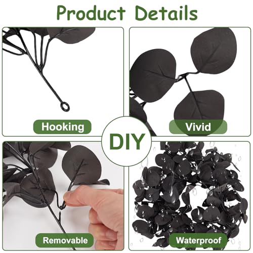 Artificial Black Eucalyptus Garland - 2 Pack, 5.91FT Halloween & Wedding Decor, Indoor Outdoor Faux Vines - Leaf Black