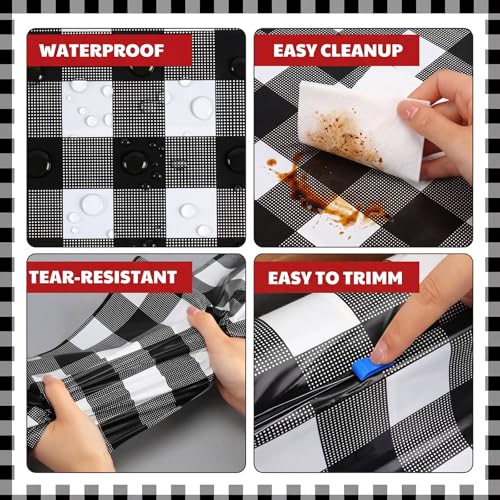 Black Gingham Disposable Tablecloth Roll - 54 x 100 ft with Cutter for Parties