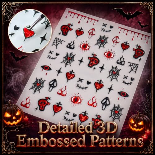 Halloween Nail Stickers - Creepy Horror Nail Decals with Glitter - Demon Night Variation