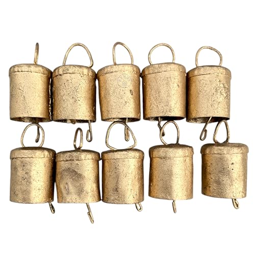 Antique Gold Jingle Bells Set of 20 - Rustic Metal Christmas Decorations with Hanging Loops - Cylinder & Cone Styles