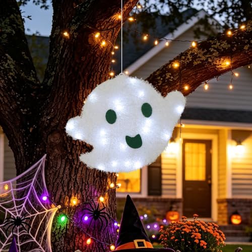 Halloween Hanging Ghost Lighted Decoration - White LED, 14.4 Inches, Auto Timer, Indoor Outdoor Use - White Ghost Variation