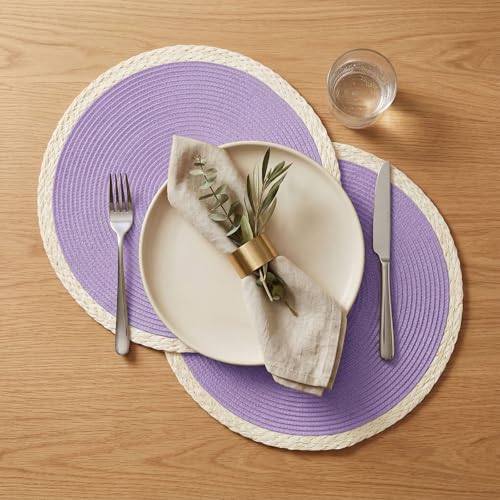 Mint Purple Woven Round Placemats Set of 6 - Elegant Braided Edge Table Mats