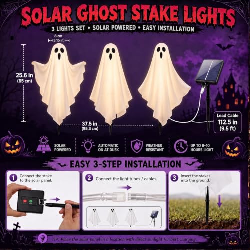 Solar Ghost Decorations Outdoor Lights 3 Pack - Spooky Yard & Garden Halloween Decor