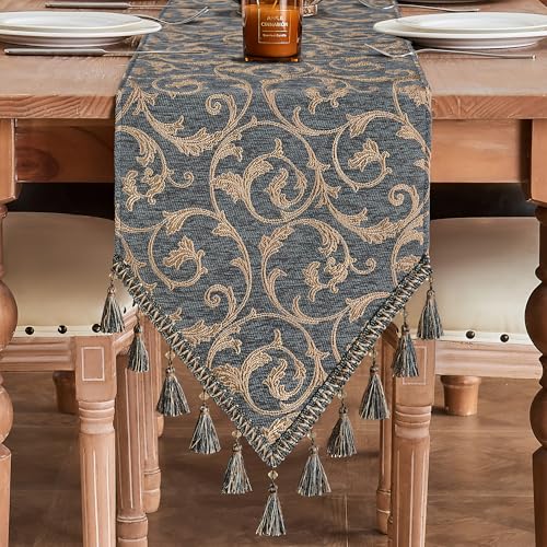 Chenille Damask Table Runner 72 Inch Blue-Grey & Khaki Variation of THIS listing
