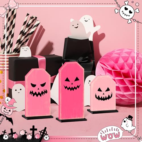 Pink Tombstone Halloween Ghost Tray Decor Sign - 3 Pack Wooden Table Signs
