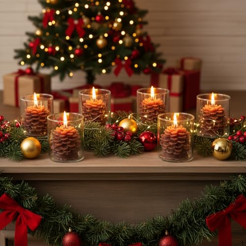 Set of 6 Pine Cone Candles with Glass Containers - Holiday Decor, Christmas, Halloween