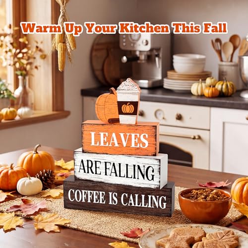 Fall Wooden Decor Set - Leaves Falling and Coffee Is Calling - Rustic Autumn Table Decorations