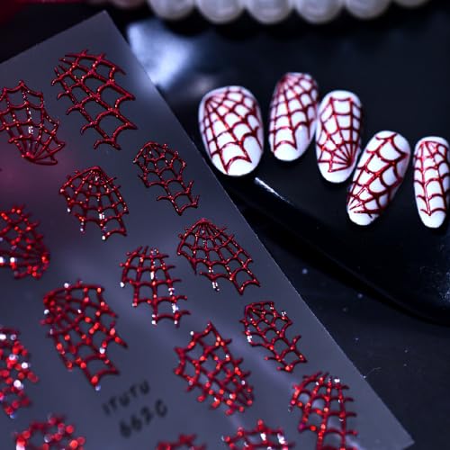 Halloween Red Spider Web Nail Stickers - Holographic 5D Self-Adhesive Decals for Manicure