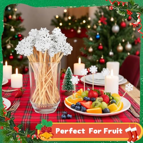 Christmas Snowflake Cocktail Picks - White Bamboo Toothpicks for Food & Drinks