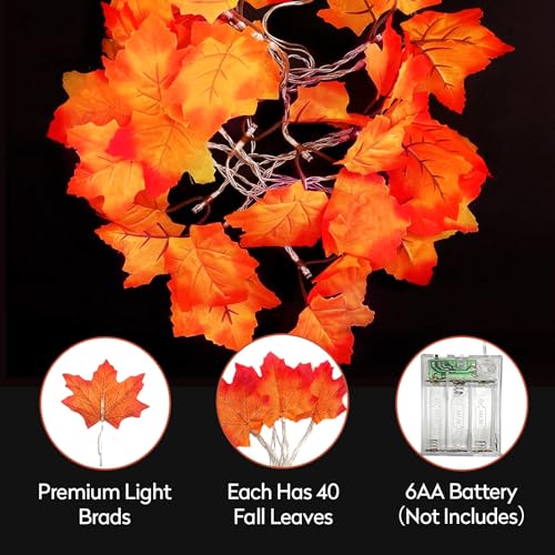 Waterproof Fall Maple Leaf String Lights 20Ft 40 LED Battery Operated Indoor Outdoor Halloween Thanksgiving Decor