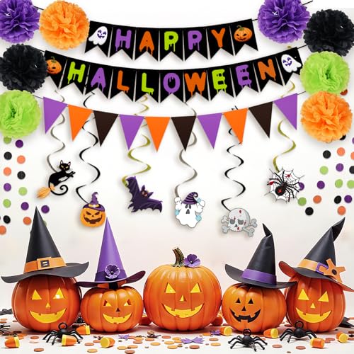 Halloween Party Decorations Set - Banner, Paper Pom Poms, Triangle Flags & Swirls - Halloween