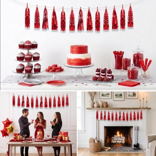 Red Metallic Foil Tassel Garland - 3 Pack Party Streamers for Weddings Celebrations