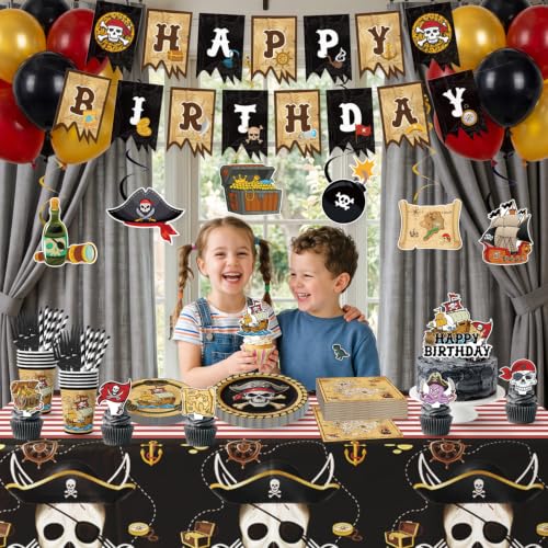 Pirate Party Decorations Set - Pirate Variation with Banner, Swirls, Plates, Napkins, Cake Topper