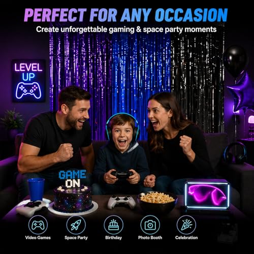 Gaming Foil Fringe Curtains Set - Blue Purple Black 13.2x6.6 ft 4 Pack