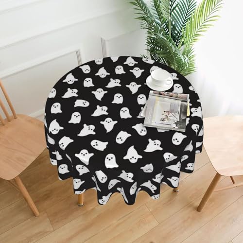 Halloween Round Tablecloth 60 Inch Black & White Ghost Design - Reusable Table Cover for Home & Parties - Cute Ghost Variation