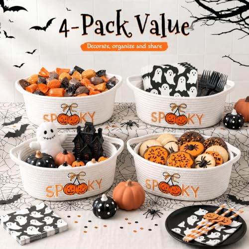 Halloween Spooky Cotton Rope Basket Set with Handles - Pumpkin Patch Design - 4 Pack, Kids Trick-or-Treat Storage