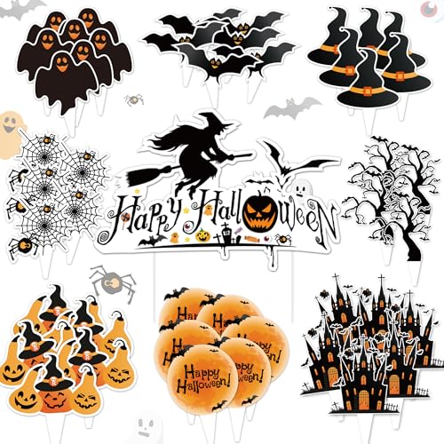 Halloween Cupcake Toppers & Cake Decorations Set 73 Pieces Ghost Pumpkin Bat Witches