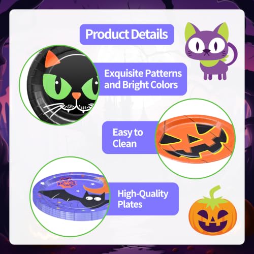 Halloween Party Plates Set - 48 Disposable Paper Plates with Cat, Pumpkin, Bat & Skull Designs