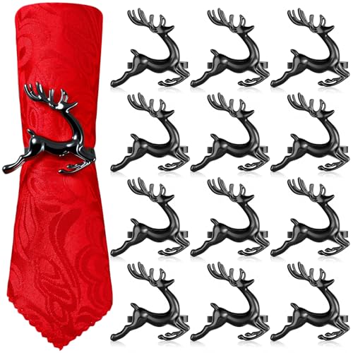 Black Deer Napkin Rings Set of 12 - Elegant Holiday Table Decor
