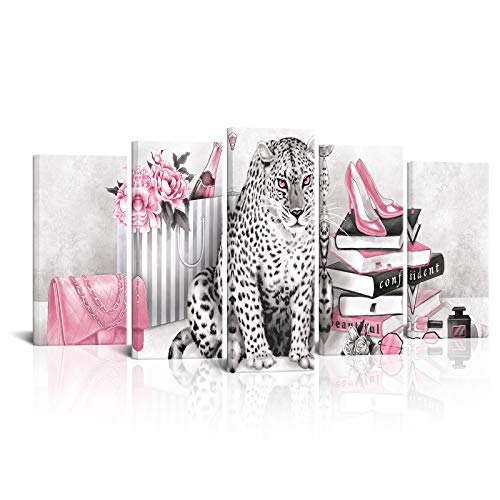 Leopard Canvas Wall Art Prints for Woman Bedroom - Pink, 60x32 Inches - 5 Piece Set