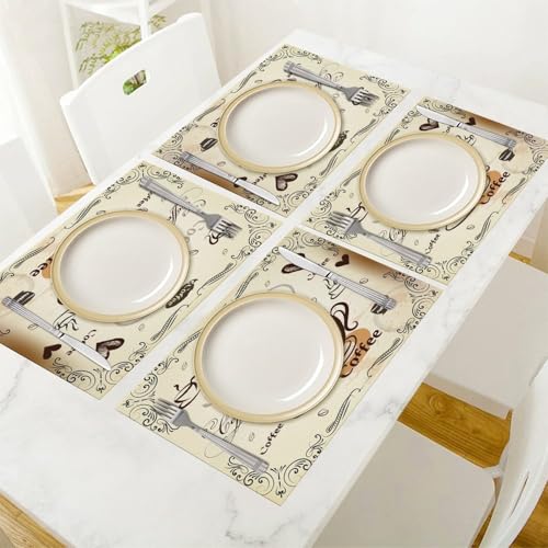 4 PCS Vintage Rustic Coffee Theme Placemat Set - 12x18 Inch Kitchen Dining Accessories