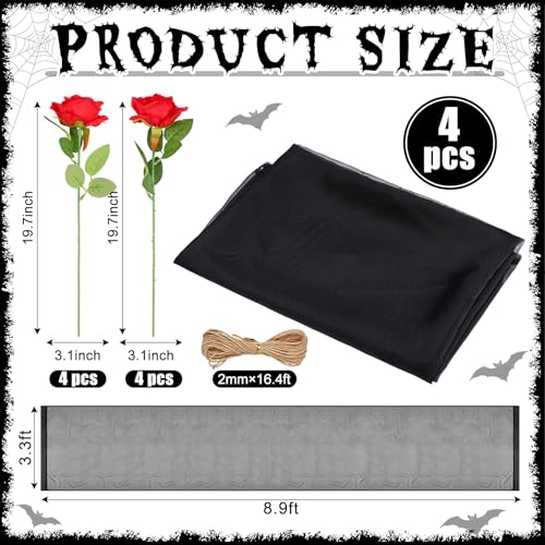 Halloween Black Sheer Curtain Set with Red Roses for Doorway & Hallway Decor